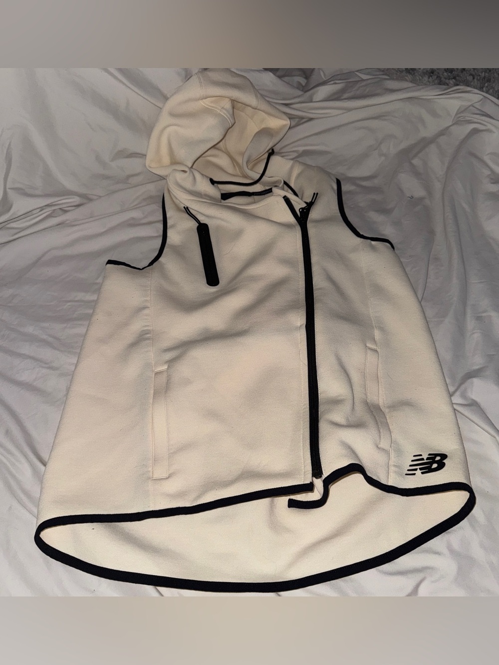 New Balance Cream Hooded Fleece Running Vest with Black Trim